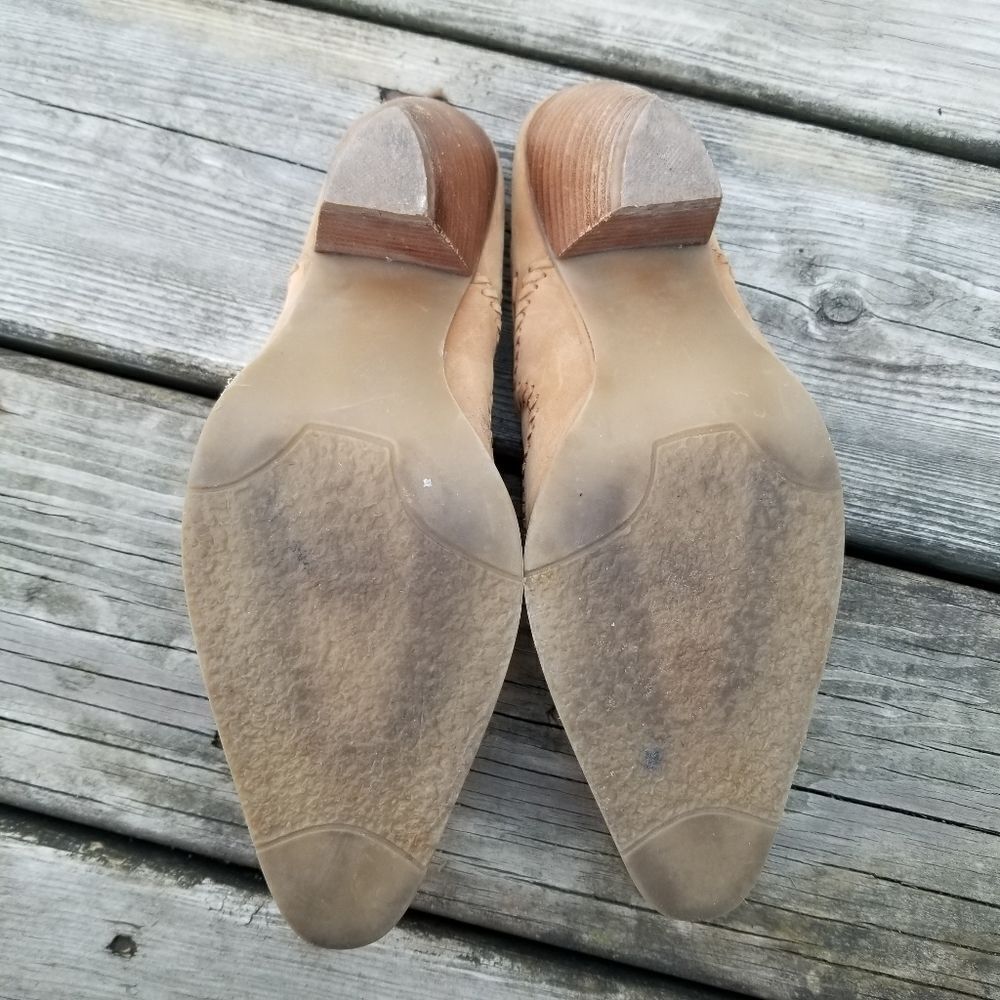 Vintage 90s y2k Camel Tan Suede Boho Western Cowgirl Whipstitch Heeled Mules 6.5 - Picture 8 of 10